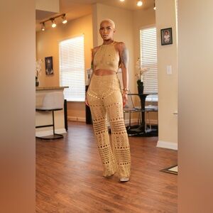 Crochet High-Waist Wide-Leg Pant Set - Tan